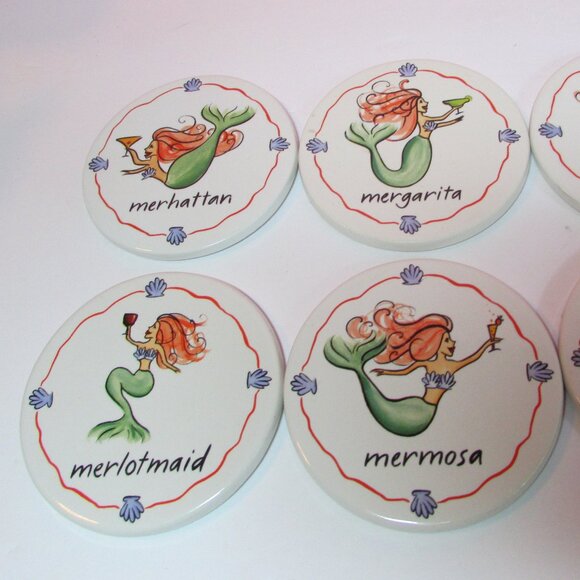 set of 6 wine drink cocktail mermaid ceramic coasters Santa Barbara - Picture 3 of 7